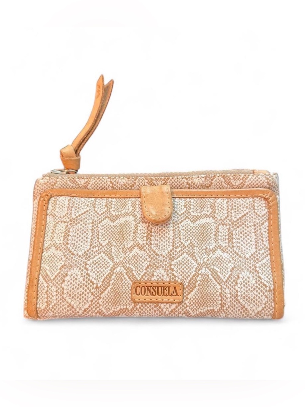 CONSUELA Slim Wallet in the "Clay" snake print pattern.